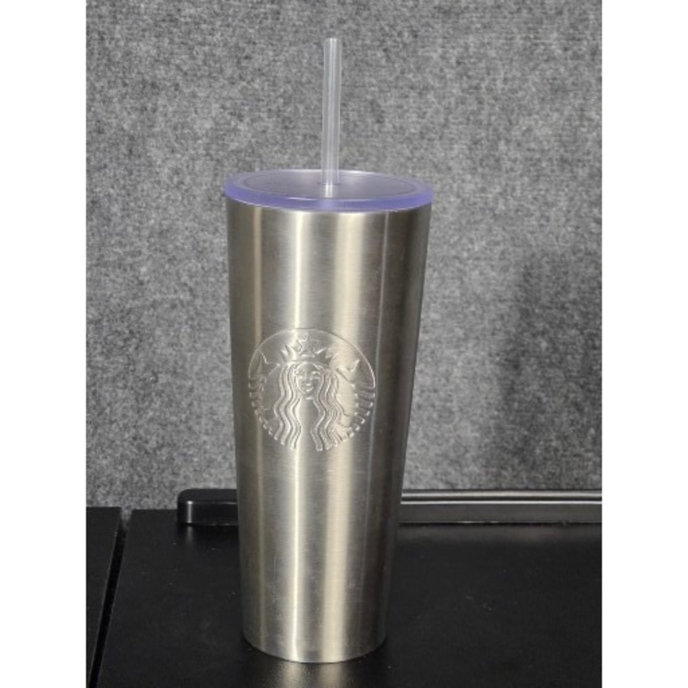 Starbucks 24oz Stainless Steel Cold Cup Tumbler Silver Embossed Siren Purple Lid